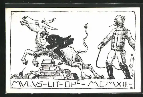 Künstler-AK Mulus, Student auf einem Esel überspringt Bücherstapel, studentische Szene
