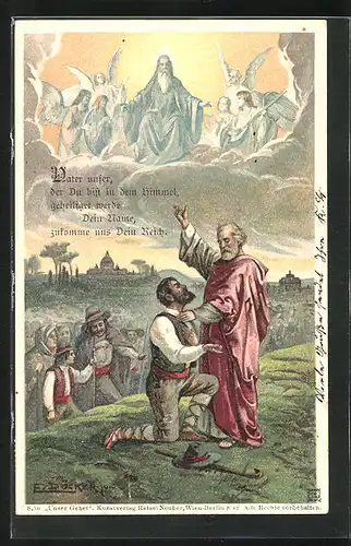 Künstler-AK E. Döcker: Unser Gebet - Mann kniet nieder und betet Vater unser