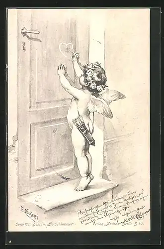 Künstler-AK E. Döcker: Amor malt Herz an die Haustür