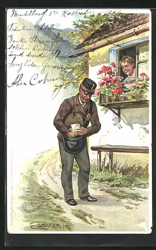 Künstler-AK E. Döcker: Briefträger bringt Brief für junge Frau