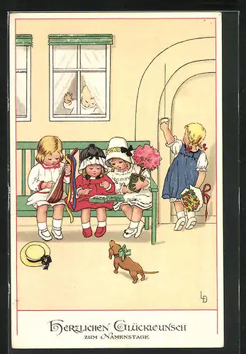 Künstler-AK Lia Döring: Kinder mit Geschenken auf einer Bank wollen zum Namenstag gratulieren