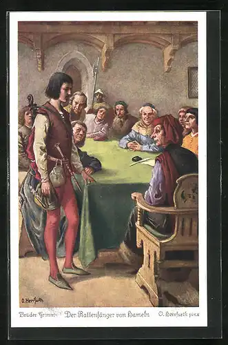 Künstler-AK Oskar Herrfurth: Brüder Grimm - Der Rattenfänger von Hameln