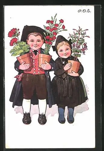 Künstler-AK P. O. Engelhard (P.O.E.): Mädchen und Junge mit Blumentöpfen