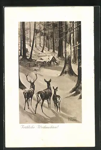 Künstler-AK Ludwig Fromme: Rehe im verschneiten Wald auf dem Weg zu einem Haus