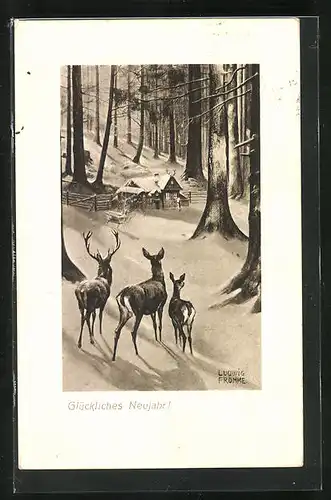 Künstler-AK Ludwig Fromme: Rehe im verschneiten Wald auf dem Weg zu einem Haus