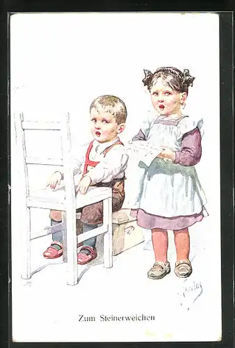 Künstler-AK Karl Feiertag: Junge und Mädchen singen - Zum Steinerweichen
