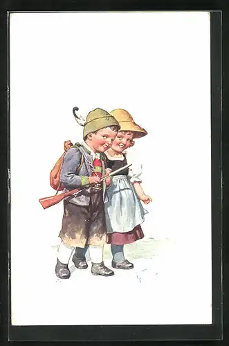 Künstler-AK Karl Feiertag: Kleiner Jäger mit Mädchen
