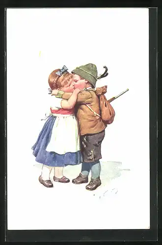 Künstler-AK Karl Feiertag: Kleiner Jäger mit Gewehr küsst Mädchen