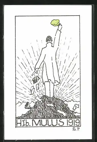 Künstler-AK Mulus 1919 - Student grüsst mit Mütze, studentische Szene