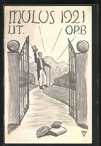 Künstler-AK Mulus 1921-Lit. OP.B - Mann beendet Studentsein, studentische Szene