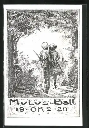 Künstler-AK Mulus-Ball O.K.a 1920, Student mit Liebster