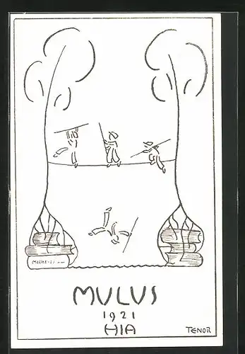 Künstler-AK Mulus 1921 HIA, Student auf einem Seil, studentische Szene