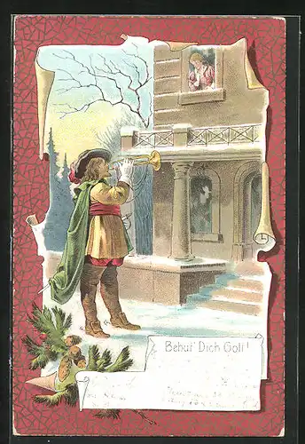 Lithographie Behüt Dich Gott!, Trompeter blässt für junge Frau am Fenster