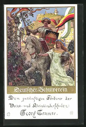 Künstler-AK Karl Friedrich Gsur: Deutscher Schulverein Nr. 106: Krieger zu Pferde mit hübschem Mädchen
