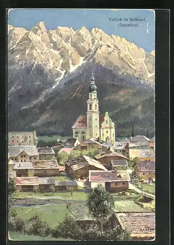 Künstler-AK Rudolf Alfred Höger: Toblach, Ortsansicht im Pustertal mit Dolomiten