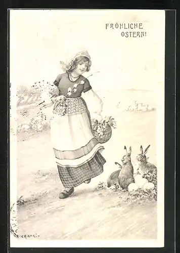 Künstler-AK R. Kratky: Fröhliche Ostern, Mädchen mit Korb und Hasen mit Eiern