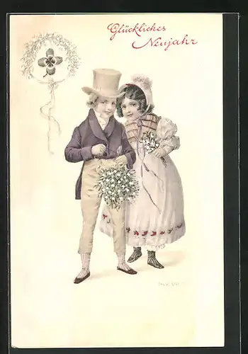Künstler-AK R. Kratky: Glückliches Neujahr mit elegant gekleidetem jungen Paar