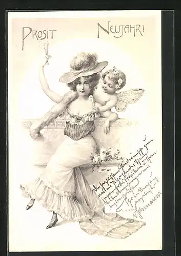 Künstler-AK R. Kratky: Prosit Neujahr, Engelchen bei junger Frau