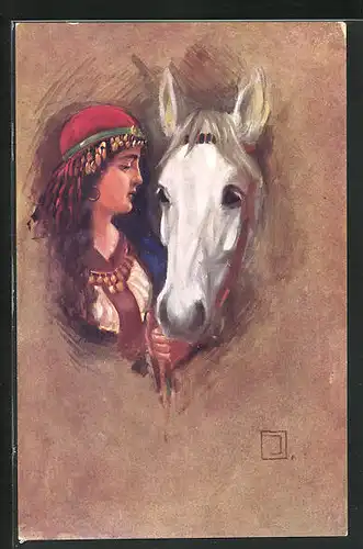 Künstler-AK Mädchen mit ihrem Liebling, Pferd
