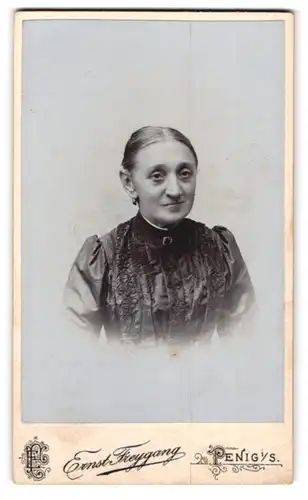 Fotografie Ernst Freygang, Penig i. S., Portrait ältere Dame in edler Bluse mit Brosche