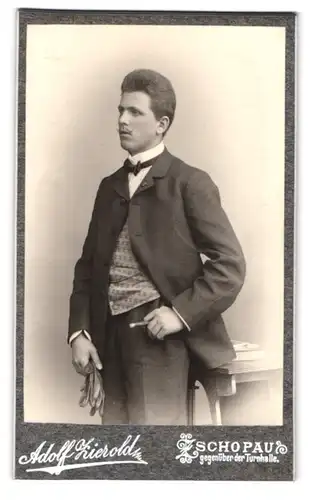 Fotografie Adolf Zierold, Zschopau, Portrait eleganter Herr mit Fliege und Zigarre im Halbprofil