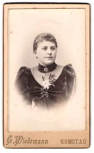 Fotografie G. Wiedemann, Komotau, Portrait Dame in edler Bluse mit Zierblume