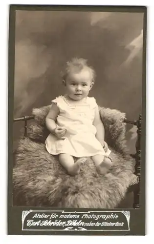 Fotografie Curt Schröder, Döbeln, Portrait drolliges Baby mit blonden abstehenden Haaren