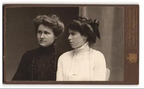 Fotografie Otto Hertel, Freiberg i. S., Erbische Str. 11, Portrait zweier Damen mit modischer Frisur und Blusen