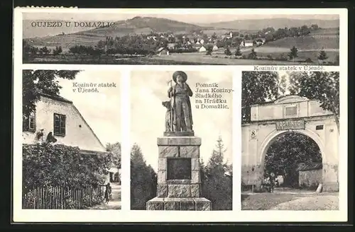 AK Oujezd u Domazlic, Kozinuv statek, Pomnik Jana Koziny-Sladkého, Kozinuv statek