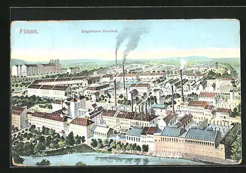 AK Pilsen, Gesamtansicht mit Bürgerliches Brauhaus