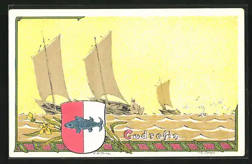 Künstler-AK Cudrefin, Segelboote auf See, Wappen