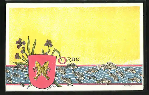 Künstler-AK Orbe, Fischschwarm, Wappen
