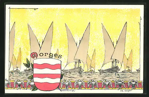 Künstler-AK Morges, Segelboote auf See, weisse Tauben, Wappen