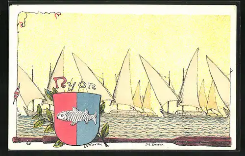 Künstler-AK Nyon, Segelboote auf See, Wappen