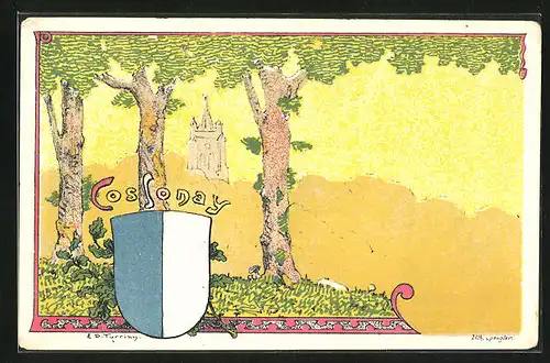 Künstler-AK Cossonay, Schloss, Wappen