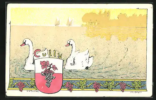 Künstler-AK Cully, Schwäne und Segelboote, Wappen