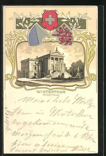 Passepartout-Lithographie Winterthur, Stadthaus, Stadtwappen