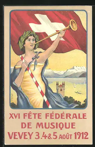 Künstler-AK Vevey, XVI. Fete Fédérale de Musique 1912, Göttin mit Flagge und Trompete