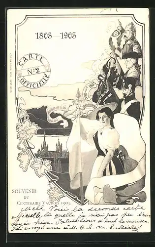 Künstler-AK Schweiz, Souvenir du Centenaire Vaudois 1903, Soldat, Ritter und Fräulein mit Flaggen