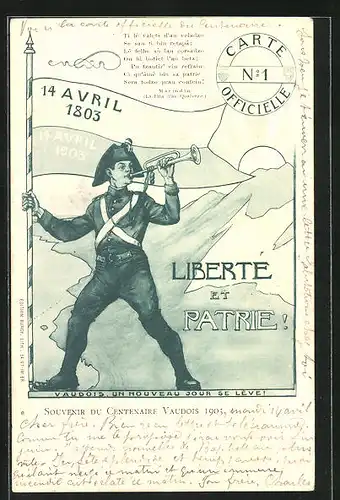 AK Schweiz, Souvenir du Centenaire Vaudois 1903, Liberté et Partie!, Soldat mit Trompete und Flagge