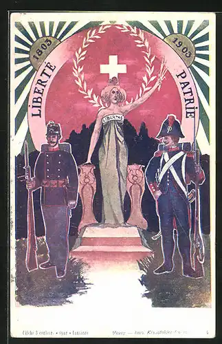 AK Lausanne, Göttin Libertas mit Soldaten, Liberté et Patrie, 1803-1903