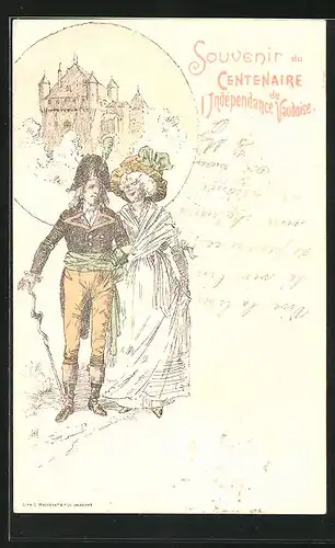 AK Lausanne, Souvenir du Centenaire de l'Indépendance Vaudoise, barock gekleidetes Paar, Schloss