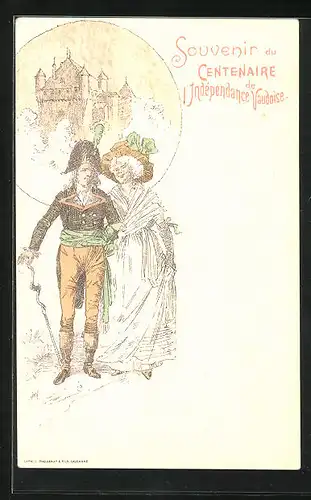 AK Lausanne, Souvenir du Centenaire de l'Indépendance Vaudoise, barock gekleidetes Paar, Schloss