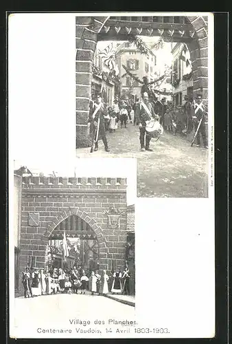 AK Schweiz, Centenaire Vaudois 1903, Village des Planches, festlich gekleidete Anwohner
