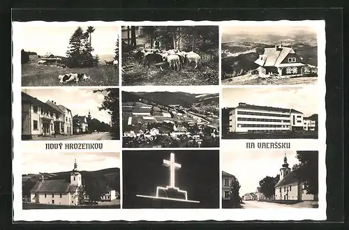 AK Nový Hrozenkov na Valassku, Gebäudeansichten, Kirche, Schafherde