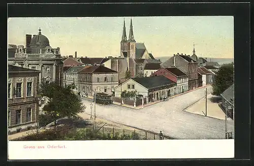 AK Oderfurt, Teilansicht mit Kirche, Strassenbahn