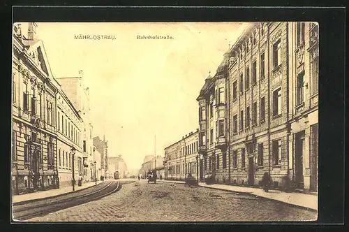 AK Mähr. Ostrau, Blick in die Bahnhofstrasse