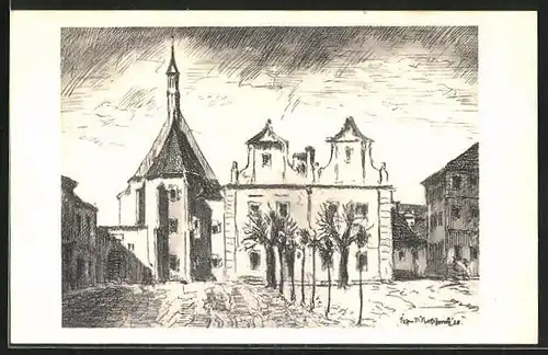 Künstler-AK Sobeslav, Blick zur Kirche