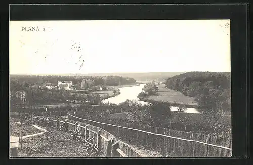 AK Planá nad Luznicí, Ansicht mit Fluss aus der Vogelschau