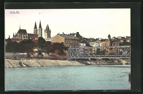 AK Kolin, Blick über die Elbe zur Stadt mit den Kirchen